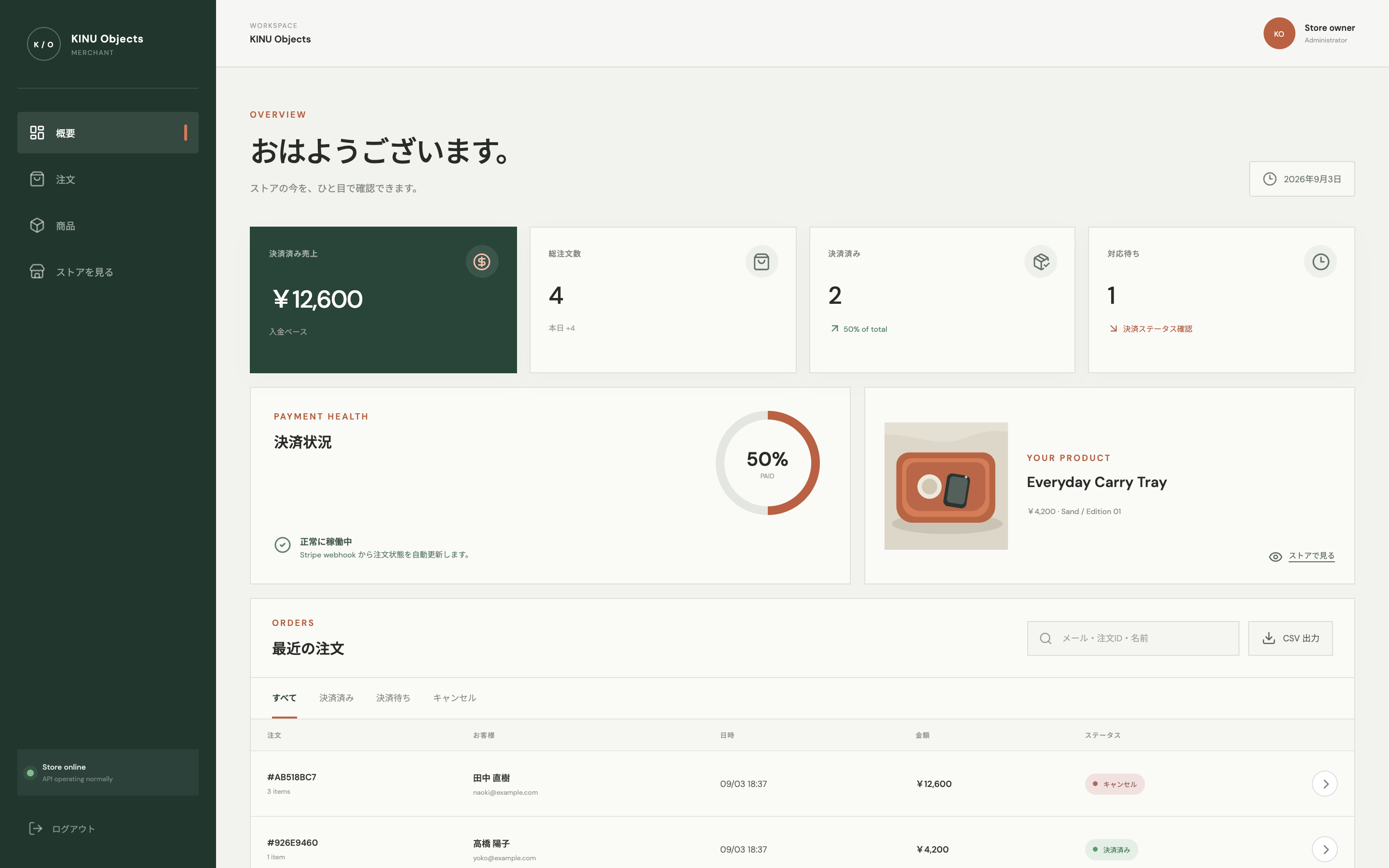 Bundled Nano Checkout administration demo with sample sales and orders.